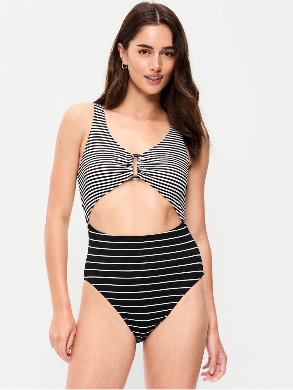 Old Navy Black and White Striped Cutout One-Piece Swimsuit with Ring Detail